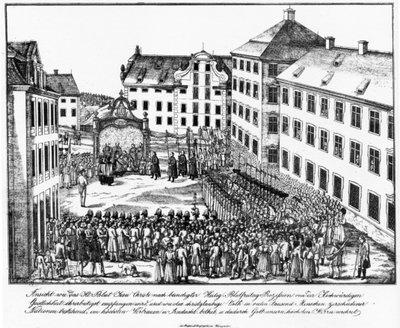 Weingarten, kloosterhof, ontvangst van de Heilig-Bloed-relikwie door de geestelijkheid na de Heilig-Bloed-processie, begin jaren 1840 door Joseph Bayer